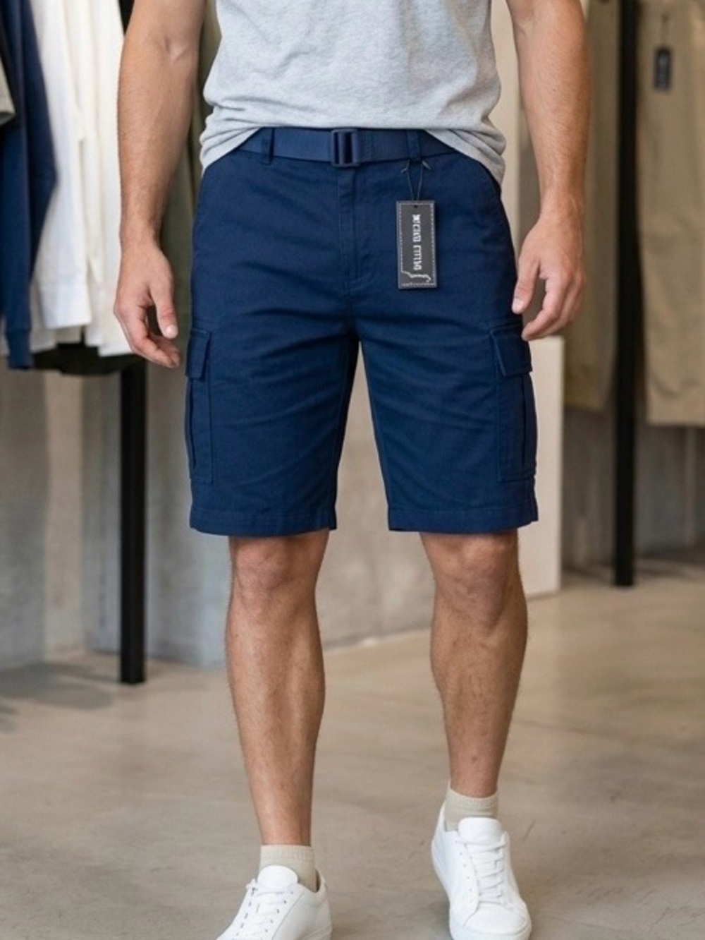 NWT Square Meter Classic Men's Navy Blue Belted Cargo Shorts Waist 36